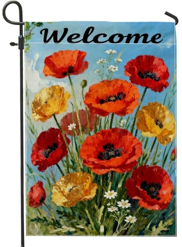 Bandiera da giardino con papaveri, fiori di crisantemo primaverili in iuta rossa primaverile su entrambi i lati, piccola bandiera da giardino per esterni, portico, prato, patio, terrazza, 30,5 x 45,7