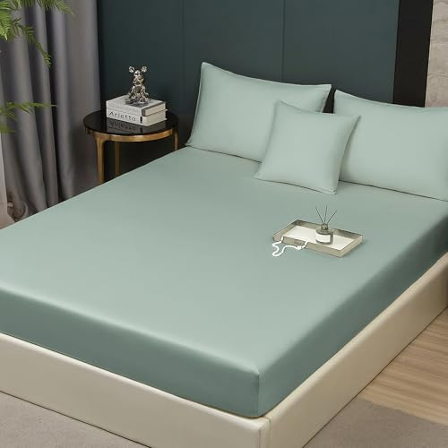 Luofanfei Sábana bajera 160x200 algodón verde salvia satén de algodón sábana suave sedosa transpirable Lyocell seda sábana bajera