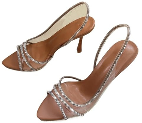 Pumpsandaler för kvinnor med axelband, högklackade strass, spetsig tå, genomskinliga bröllopsskor för bröllopsfest kväll, BEIgE, 9
