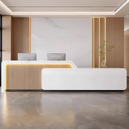 Receptionsskrivbord med logotyp, modern reception med dold belysning, bakad lackfinish, detaljhandel räknare och kassaskrin för kontor eller butik, ingen montering krävs