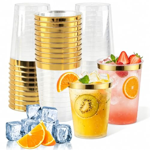 Shyllin 30 Bicchieri Plastica Dura Riutilizzabili (Goldrand) | 300 Ml Bicchieri da Cocktail, Ideali per Compleanni, Matrimoni e Festival, Cocktail Party, 300 Ml Bicchieri da Cocktail