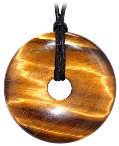 Kaltner Präsente Edelstein Halskette mit Anhänger/Tigerauge/Lederband mit Donut Anhänger/Hochwertiger Edelsteinanhänger mit Lederkette/Ø Edelsteindonut 30 mm