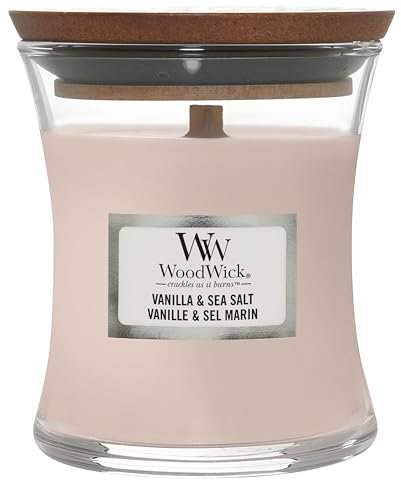 WoodWick mittelgroße Duftkerze im Sanduhrglas mit knisterndem Docht | Vanilla & Sea Salt | Brenndauer bis zu 20 Stunden