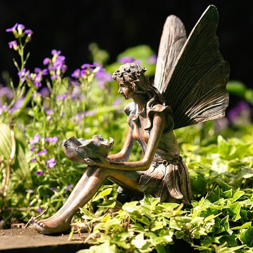 Garden Mile Sitting Fairy Garden Statue Magical Elf Garden Ornaments Outdoor Unusual Bronze Effect Fairies Figurines Resin Statues Patio Porch Flowerbed Gifts For Women Men
