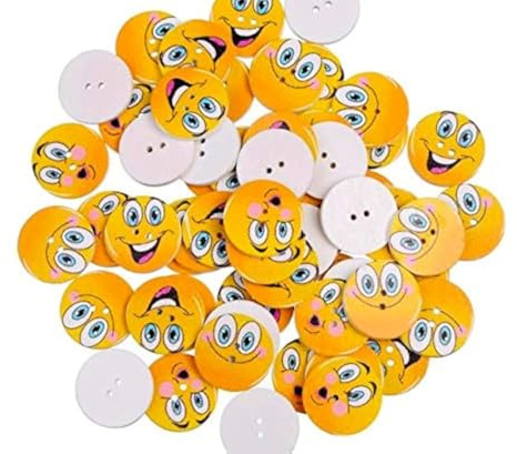 20 Stück lustige, bunte Holzknöpfe Motiv Smiley 25mm mit 2 Löcher Bastelknöpfe Kinderkleidung runde Knöpfe zum annähen nähen aufnähen basteln scrapbooking