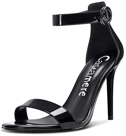 Castamere Escarpins Femme Bout Ouvert Sandales Bride Cheville Aiguille Talon 10CM Noir Vernis Chaussures EU 40