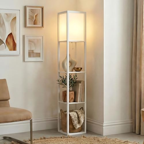 Brightech Maxwell - Modern Shelf Floor Lamp with Lamp Shade & Warm White LED Bulb, Corner Display Floor Lamp with Shelves for Living Room, Bedroom, Nightstand Office, Home Decor Storage - White