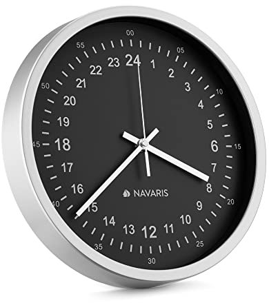 Navaris 24 Hour Analogue Wall Clock - 24 Hour Unusual Quirky Wall Clock with 24hr Analogue Display and Smooth Movement - Silver with Black Face