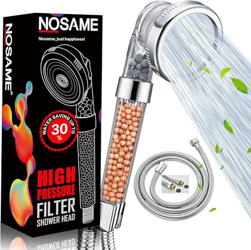 Nosame® Shower Head and Hose, Ionic Filter Filtration High Pressure Water Saving 3 Mode Function Spray Handheld Showerheads for Dry Skin & Hair