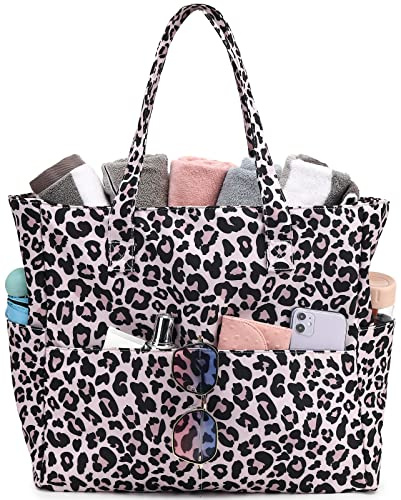 Große Strandtasche Damen Umhängetasche Handtasche wasserdicht sanddicht mit Reißverschluss Strandtasche für Pool Fitnessstudio Reisen mit Nasstasche (Leopard)