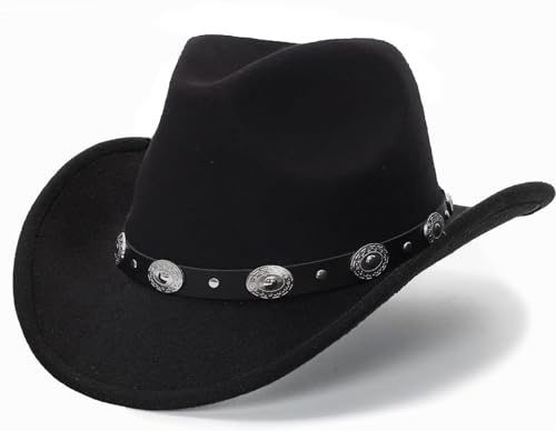 Sombrero de vaquero occidental para hombres y mujeres, sombrero Fedora clásico con cinturón de hebilla (talla: M-L), Negro-yb, M
