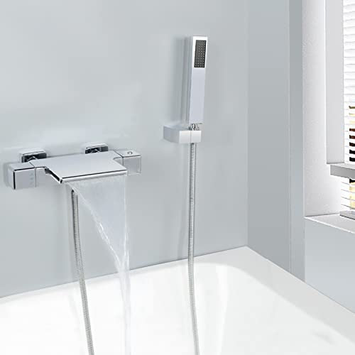 SHANFO Rubinetto per vasca a Cascata Ottone Termostatico Miscelatore Cromato Doccia Calda E Fredda Con Doccetta,4Y1OK