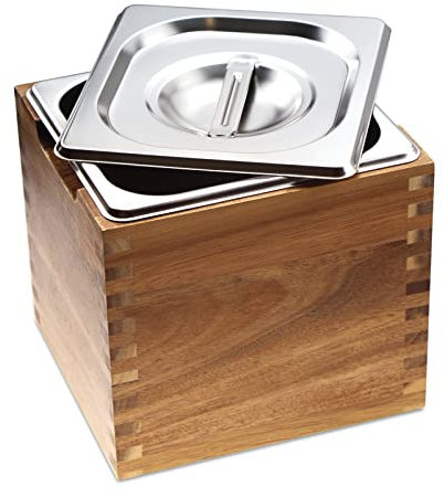 GOGREEBELL Komposteimer Küchen-Arbeitsplatte Komposteimer mit Deckel & Akazienholzbox, Kompostbehälter für Küche, geruchsdicht,für den Innenbereich mit Edelstahl（Trompete） 3.2L