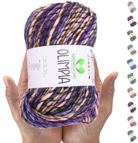 MeriWoolArt Merino Wolle zum Stricken – 100 m Mehrfarbige Dicke Weiche Merinowolle zum Stricken für Pullover Jacken – XXL Handstrickwolle – Voluminöse DIY Wolle für Schals Decken Tücher Geschenke