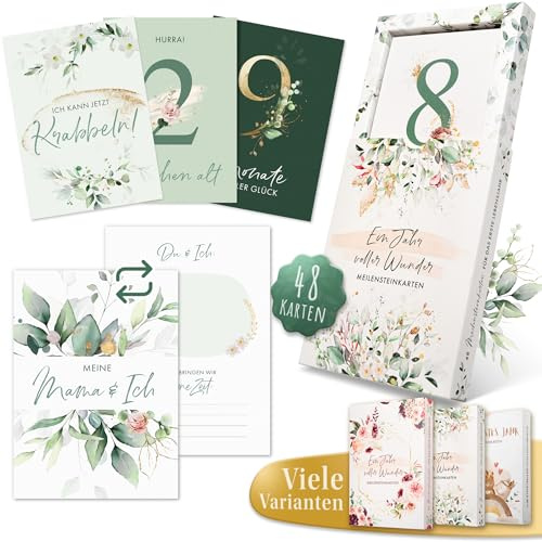 EULENTALER Meilensteinkarten Baby 1-12 Monate | Von Pädagogen gestaltet | 48 Karten mit Geschenkbox, Monatskarten Mein erstes Jahr, Geschenk zur Geburt und Babyparty für Jungen und Mädchen