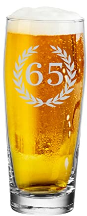 LUXENTU Bierglas mit Gravur, Willi Becher mit 0,5 Liter Eichung und graviertem Lorbeerkranz, Helles-Glas als Geschenk zum 65. Jubiläum/Geburtstag, Spülmaschinengeeignet
