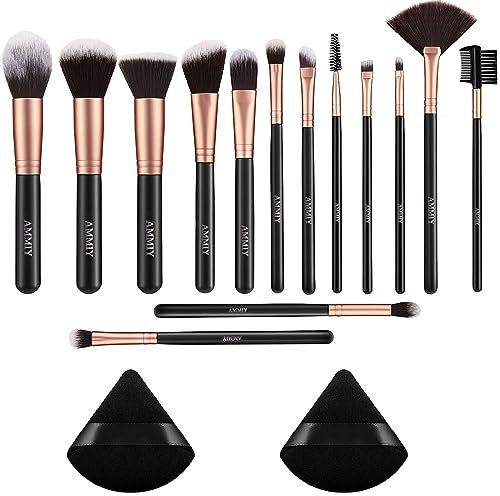 14 PCS Set Pinceaux Maquillage Rose Doré avec 2 houppettes à poudre Triangle Noires pour Fond De Teint Mélange Poudre Le Visage Ombres à Paupières