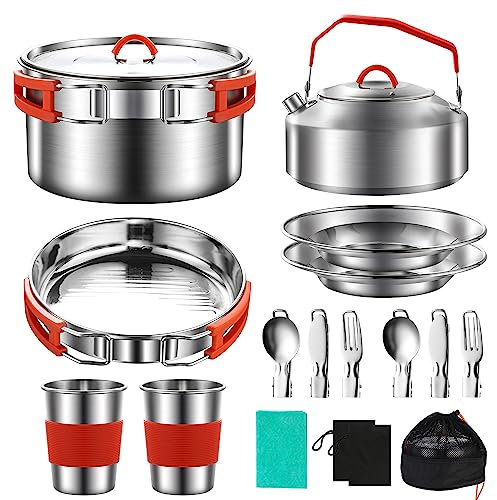 MOUFIER Kit de cuisine en acier inoxydable pour camping, casseroles et poêles avec bouilloire, tasses, fourchettes, couteaux, cuillères pour la randonnée, le pique-nique et l'aventure pour 2 personnes
