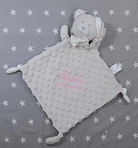 BotoBaby® - Schmusetuch mit Namen und Geburtsdatum - Kuscheltuch - (Beige - Teddybär 3)