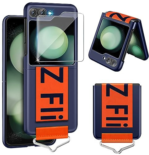 Handyhülle für Samsung Galaxy Z Flip 5 5G Hülle mit Schutzfolie, Dünn Folable Matt PC Panzerhülle Handy Tasche mit Ring Nylon Strap Handschlaufe Stoßfeste Schutzhülle für Samsung Z Flip5 (Blau)