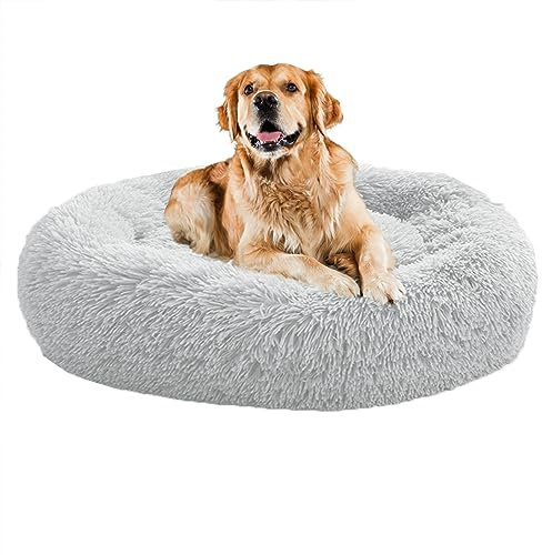 XIEMINLE Beruhigendes Donut-Welpenbett, für Zuhause, Welpen, rund, Plüsch, waschbar, Hundesofa, Bett, Haustierkissen für kleine/mittelgroße Hunde, Katzen, Hundekissenkorb, 60 cm, Grau