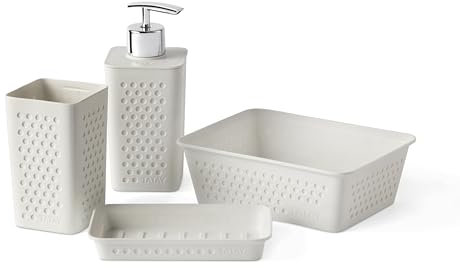 TATAY Set di 4 accessori da bagno (bicchiere + dispenser di sapone + portasapone + organizer A6) Bohol, polipropilene, senza BPA, 100% plastica riciclata, bianco