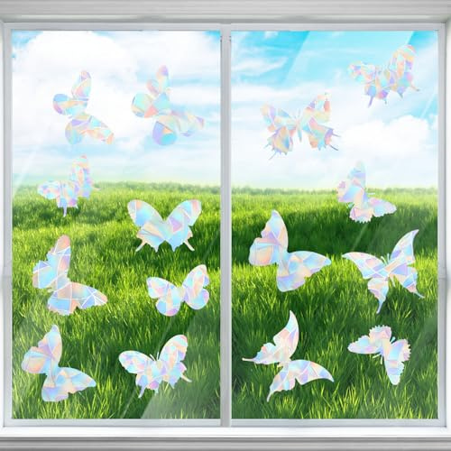 lasuroa 2 Sheets Window Stickers Butterfly, Transparent Window Clings Butterfly Rainbow Sun Catcher Sticker Window Collision Decal Prevent Bird Strikes Non Adhesive Reusable Decorations