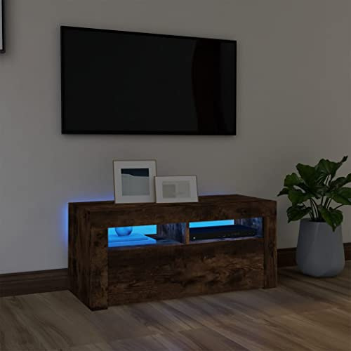 Armoire de rangement moderne pour salon - Meuble TV - Avec lumières LED - Chêne fumé - 90 x 35 x 40 cm - Pour salon, chambre à coucher, etc