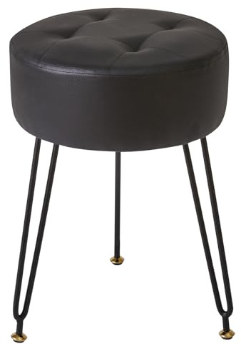 IBUYKE Faux läder rund fotpall, smink fåfänga pall sidobord, PU dressing bord sits, ottoman soffa pall, gyllene stålben, svart