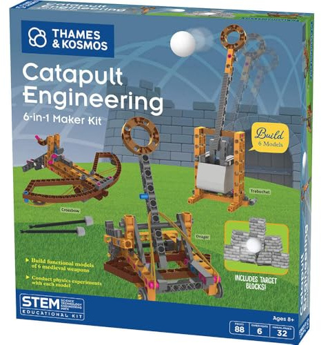 Thames & Kosmos Catapult Engineering STEM Maker Kit de fabrication de 6 modèles de machines médiévales uniques, explorez la physique mécanique, comprend des boules en mousse sûres et des projectiles à