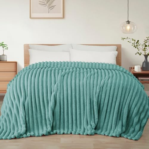Exclusivo Mezcla King Size, flanell, fleecefilt, supermjuk, 3D-randig jacquard, sängfilt, lätt luddig, mysig filt för alla årstider, 230 x 265 cm, celadonfärgad filt | Sängtäcke, soffa, resor, fleece, lätt, mjukt jacquardtyg, andas, polyester, bekvämt för alla årstider