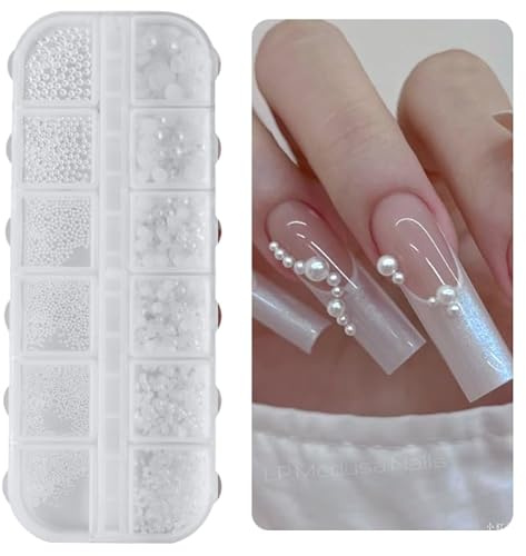 Nail Art Strass 1 Boîte, Nail Charms, 12 Types de Perles Blanches Pour Ongles, Flatback Rhinestones, Petites Perles en Acier Inoxydable, Décoration d'Ongles, Accessoires d'Ongles