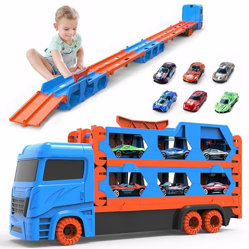 BAKAM Race Tracks Set for Kids Ages 3-5, Tracks for Toddlers 2-4 Years, Car Carrier Trucks Garage Toys for 3+ Year Old, Toys for Ages 2-4, 3 Year Old Boy Birthday Gift (Blue)