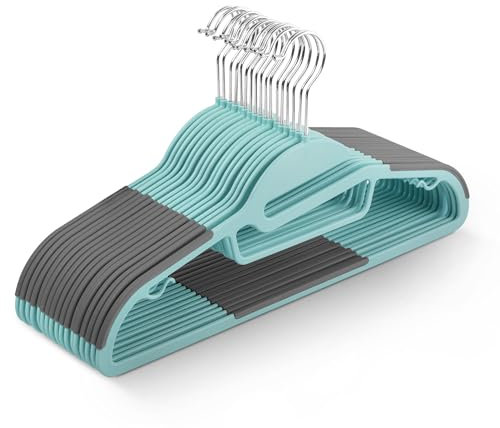 KEPLIN 20-Pack Non-Slip Hangers – Durable, Slimline Design for Space Saving with 360° Swivel, Tie Organiser, Strap Hooks, and S-Shape Opening (Teal)