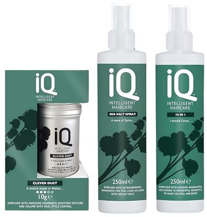 IQ Intelligent Haircare Kit - Clever Dust 10g for Instant Volume, Sea Salt Spray 250ml for Beachy Texture, and 10-in-1 Miracle Treatment 250ml, Your All-in-One for Perfectly Styled and Healthy Hair