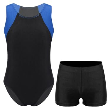 JEATHA Maillot Ballet Niño Leotardo Gimnasia Ritmica con Pantalones Cortos Maillot Elástico Conjuntos Deportivos Mono De Deportivo Fitness Yoga Azul Real y Negro 11-12 años