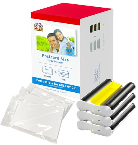 Double Dragon Ersatz für Canon Selphy CP1300 KP-108IN Tinte und Fotopapier Set | Für CP Drucker CP1500, CP1300, CP1200, CP1000, CP910 | 3115B001(AA), 3 Farbband-Kassetten