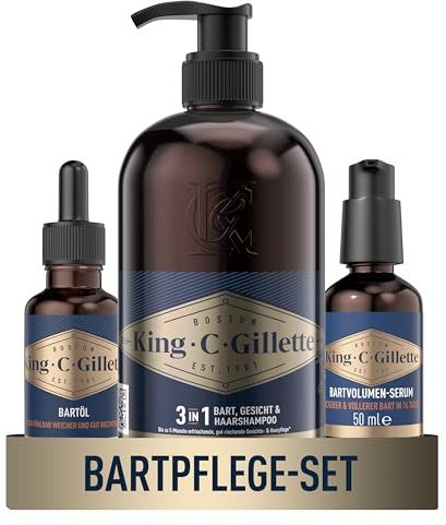 King C. Bartpflege SET, King C. Gillette Bartöl 30 ml + King C. Gillette Bartvolumen-Serum, 50 ml + King C. Gillette 3-in-1 Bart-, Gesichts- und Haarwaschgel für Männer 350ml