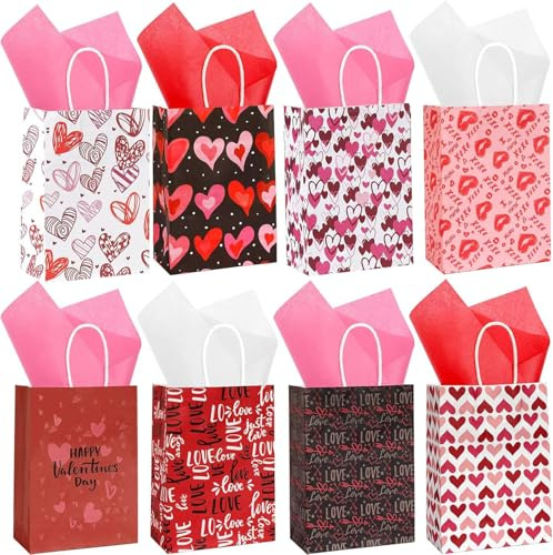 16 st alla hjärtans dag presentpåsar, alla hjärtans dag presentpåsar med silkespapper, alla hjärtans dag kraftpapper omslagspåsar för presentbyte alla hjärtans dag festgåvor