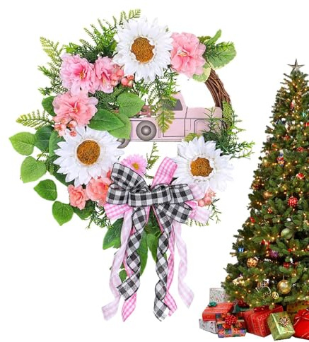 Corona de puerta de Navidad artificial a cuadros | Corona navideña realista para decoración navideña rústica para pared interior y ventana