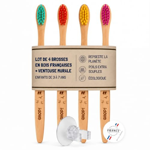 [EHOP] Lot de 4 Brosses à Dents en Bois Français avec Ventouse murale | Poils Extra Souples | Convient aux Enfants | Fabrication Française | Brosses Écologiques | Dentaire Zéro Déchet, Manche Biobasé
