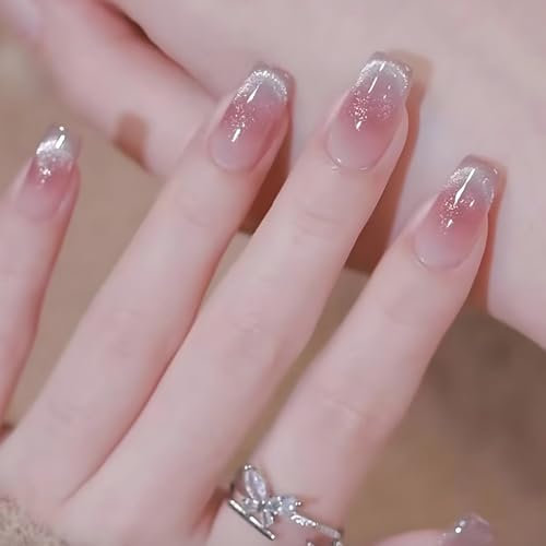 Ceboic Lot de 30 Faux Ongles Courts Carrés French Dégradé Rose Acrylique Ongles avec Design Brillant Press on Nails Réutilisables Couverture Complète Ongles à Coller pour Femme Fille Nail Art