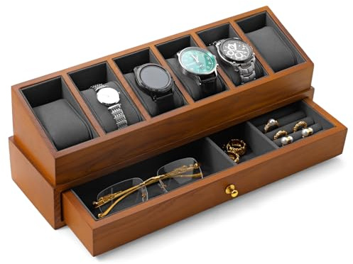 Oirlv Uhrenbox Holz mit 6 Fächern & Glasdeckel für Uhrenliebhaber(Dunkelgrau)