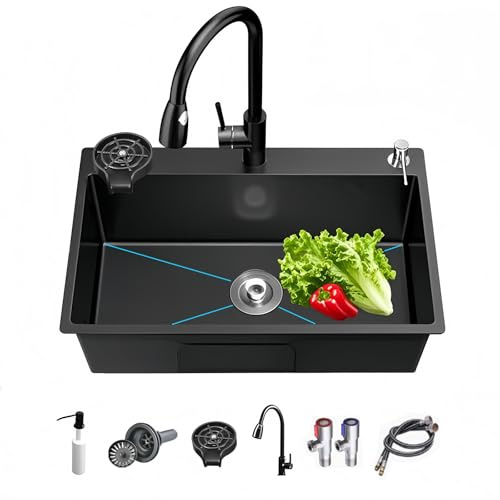 Fregadero de cocina negro, 38 x 30 cm, acero inoxidable, compacto con escurridor y escurreplatos, ideal para cocinas pequeñas, bares o cuartos de servicio (negro, 50 x 45 cm)