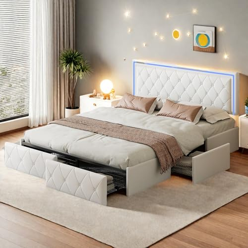 Sängram 160 x 200 med LED, vadderade dubbelsängar med 4 lådor och justerbart sänggavel, säng för två personer med förvaring, för vuxna och tonåringar, utan madrass, PU, beige