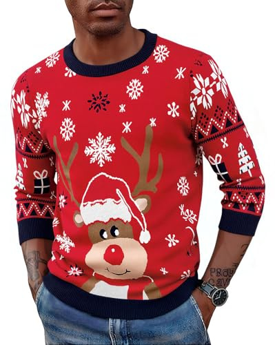 Saodimallsu Maglioni Natalizi Famiglia Donna Uomo Bambini Unisex Maglione di Natale Motivo Renna Maglione Invernale C-Rosso Uomo M