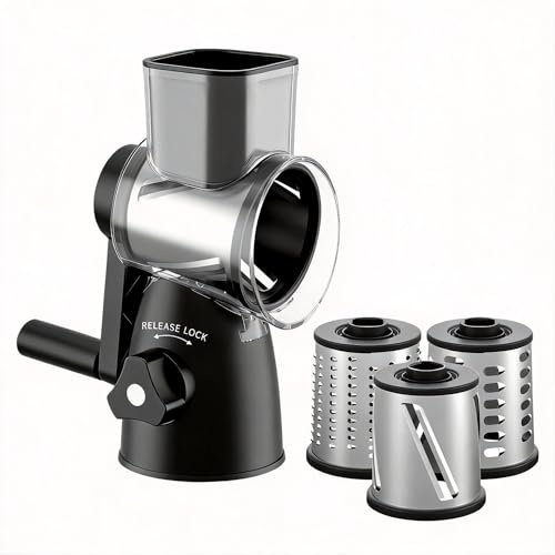 JIUMEXES Rotary Cheese Grater Shredder - Handheld Kitchen Mandolin Slicer Food Grinder with 3-in-1 Steel Blade, Hand Crank, And Non-Slip Base To Make Fresh Parmesan Cheese, Vegetables, Chocolate