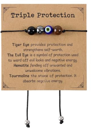 Mikovivi Triple Threat Protection Evil Eye Bracelet, Adjustable Natural Stone Good Luck Evil Eye Jewelry for Anxiety Relief Women & Men Gift