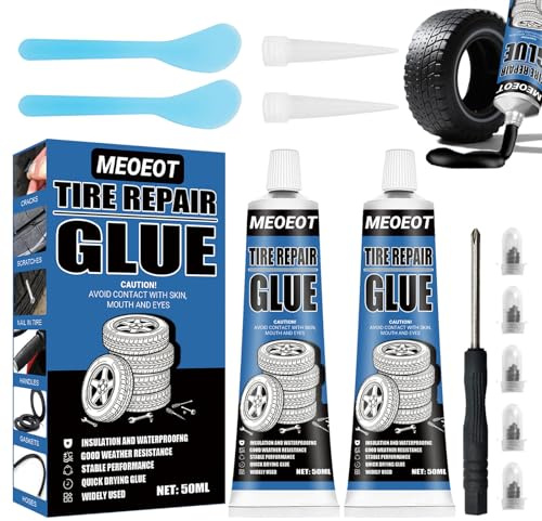 Meoeot Colla per Riparazione Pneumatici, Mastice per Riparazione Pneumatici, Kit Ripara Gomme Auto, Viene Fornito con Ugello e Raschietto, Riparazione Rapida di Crepe e Buchi nei Pneumatici (50ml*2)