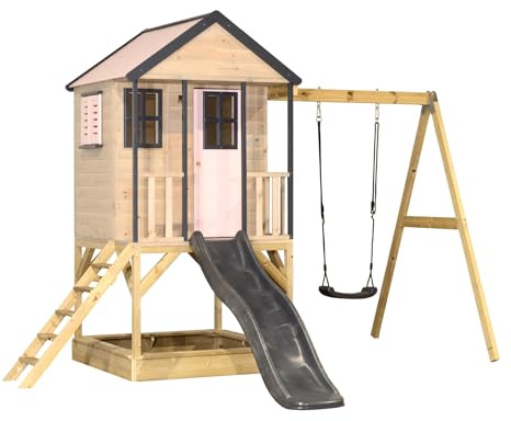 Wendi Toys M50PPG Cabane sur Pilotis avec Toboggan et Balançoire, Maison de Jeu en Bois FSC pour Enfants, Outdoor Jardin, Plateforme 90 cm, Toboggan 175 cm, Bac à Sable, Résistant aux Intempéries